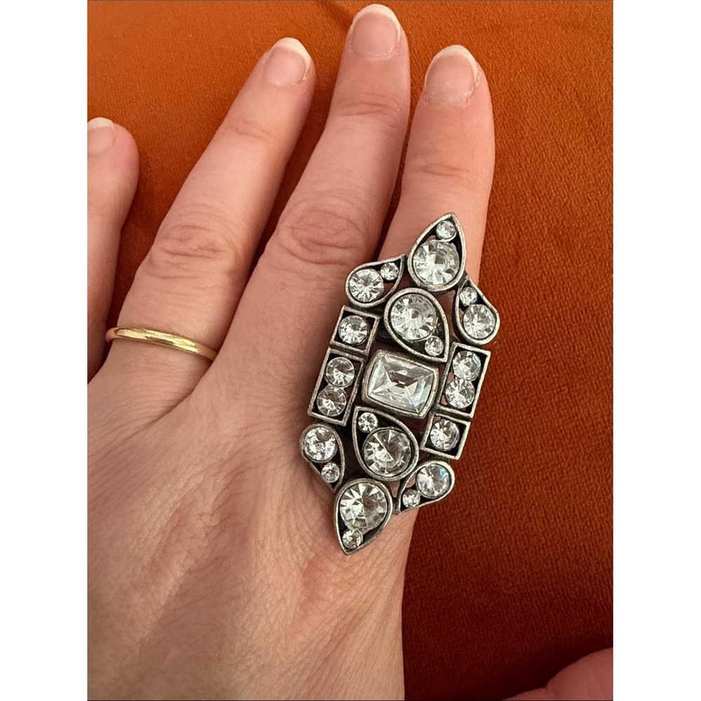 Statement Crystal Cocktail Ring – Geometric Art Deco Style – Silver Tone